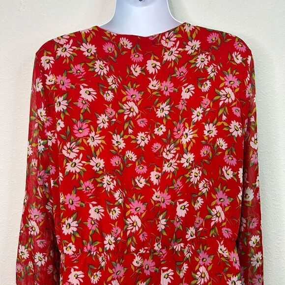 Draper James RSVP Women’s Red Floral Long Sleeve V Neck Midi Dress Size L - Picture 9 of 15